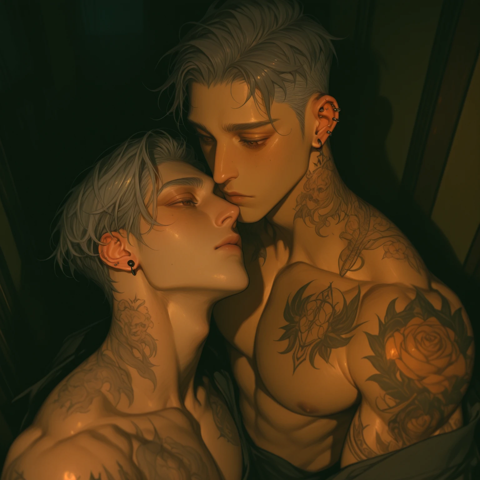 A man with light purple hair, no shirt, , blue eyes, and another man kissing him from behind and hugging his waist, red eyes, black dragon tattoo, no shirt, silver hair, tall, tanned skin