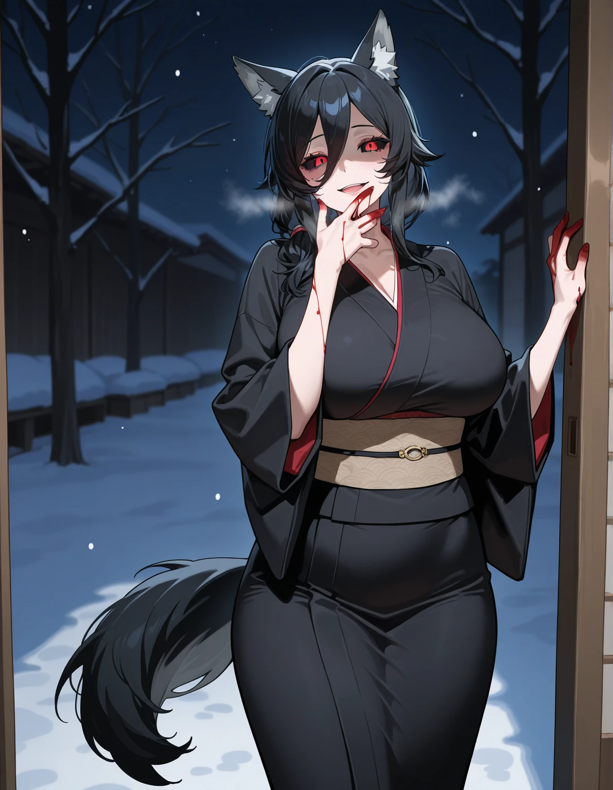 Solo, female, hair, feline, detailed eyes, hair bun, up do, brown hair, bangs, brown eyes, light grey fur, happy, open mouth, glasses, red cloak, white underwear, facing viewer, forest, night, full moon, (((by bebebebebe))), by buta99, by suurin 2, big breasts