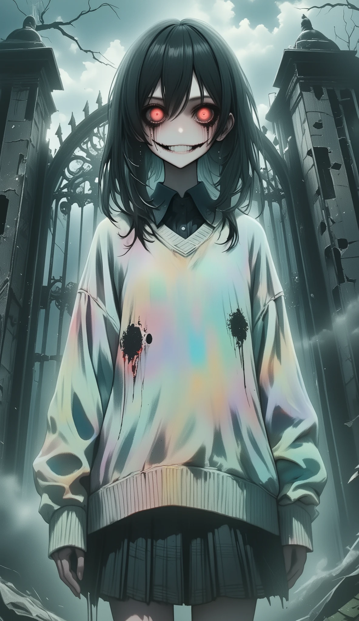 Medium-shot, vertical pastel-style illustration featuring the ghost of a beautiful high school girl standing eerily still in front of an old, decaying school gate. Her long, straight black hair hangs limp and heavy, framing a pale, cracked face. She wears a chilling smile—subtle but unnaturally wide—while her dark eyes glow faintly with a lifeless red hue. Thin trails of dried blood run from the corners of her eyes and mouth, contrasting starkly with her pale skin. Her school uniform and oversized pastel sweater appear aged, frayed, and slightly translucent. The lower half of her body dissolves into dark shadows, as if consumed by the lingering presence of death. The school building behind her is faded and crumbling, shrouded by a cloudy, ominous sky. The illustration is rendered in soft pastel anime style, creating a haunting contrast between delicate beauty and grotesque horror.