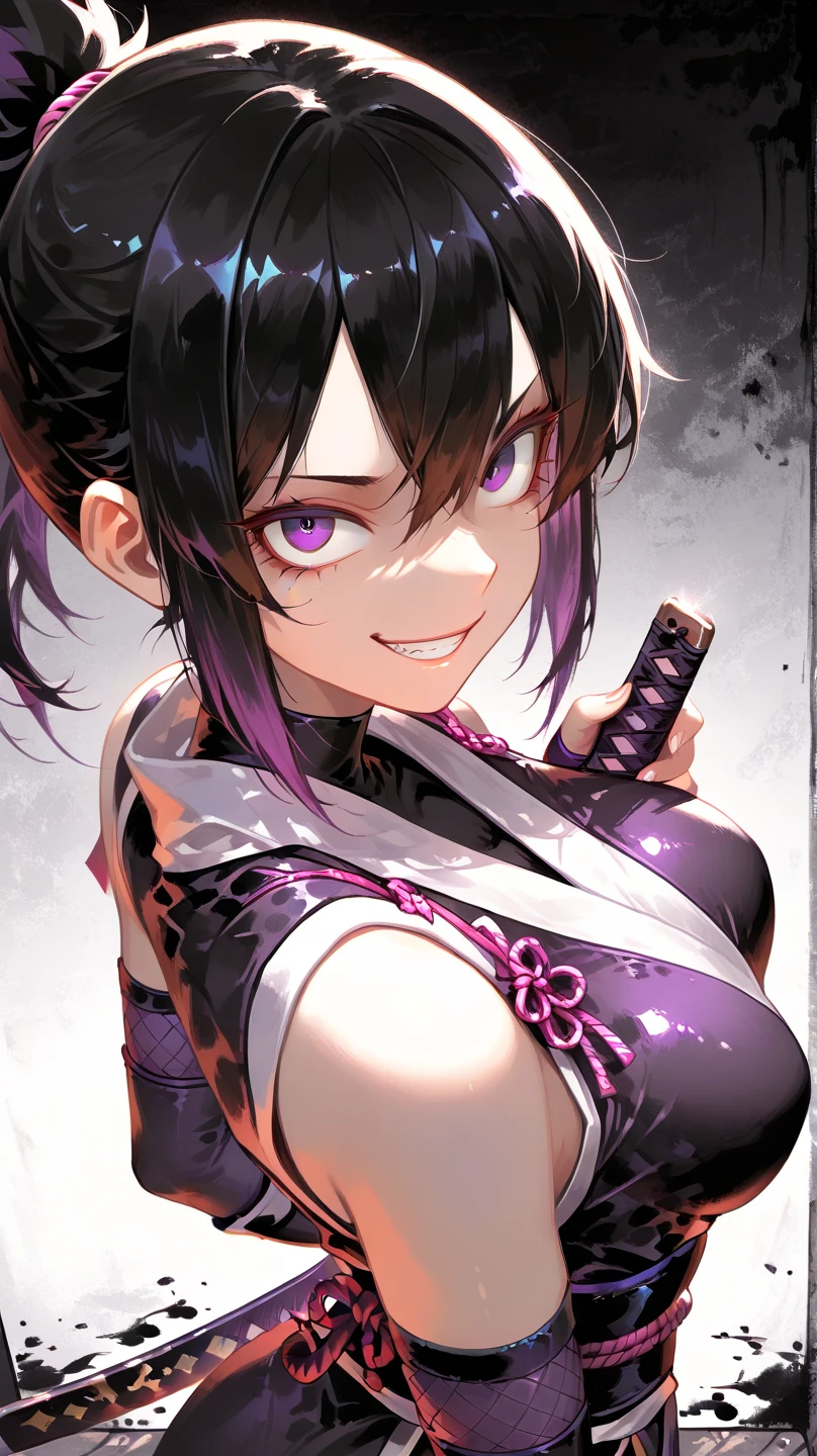 purple eyes, sword, ((holding sword)), blue flames, glowing weapon, light particles, wallpaper, chromatic aberration,1girl, solo, kochou shinobu, butterfly hair ornament, purple eyes, multicolored hair, short hair, parted bangs, haori, wide sleeves, long sleeves, black pants, black jacket, belt,nsfw,erect nipples
