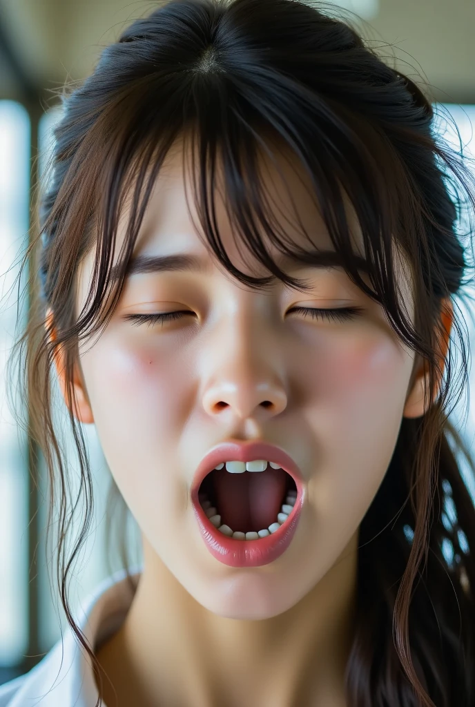 a close up of a woman with a surprised look on her face, reddit, gorgeous young korean woman, crying eyes closed!, huge juicy lips, dripping saliva, julia sarda, professional, noon, parody work, facial, irelia, handsome girl, sweating, with high cheekbones, soft facial features, yawning, painful
