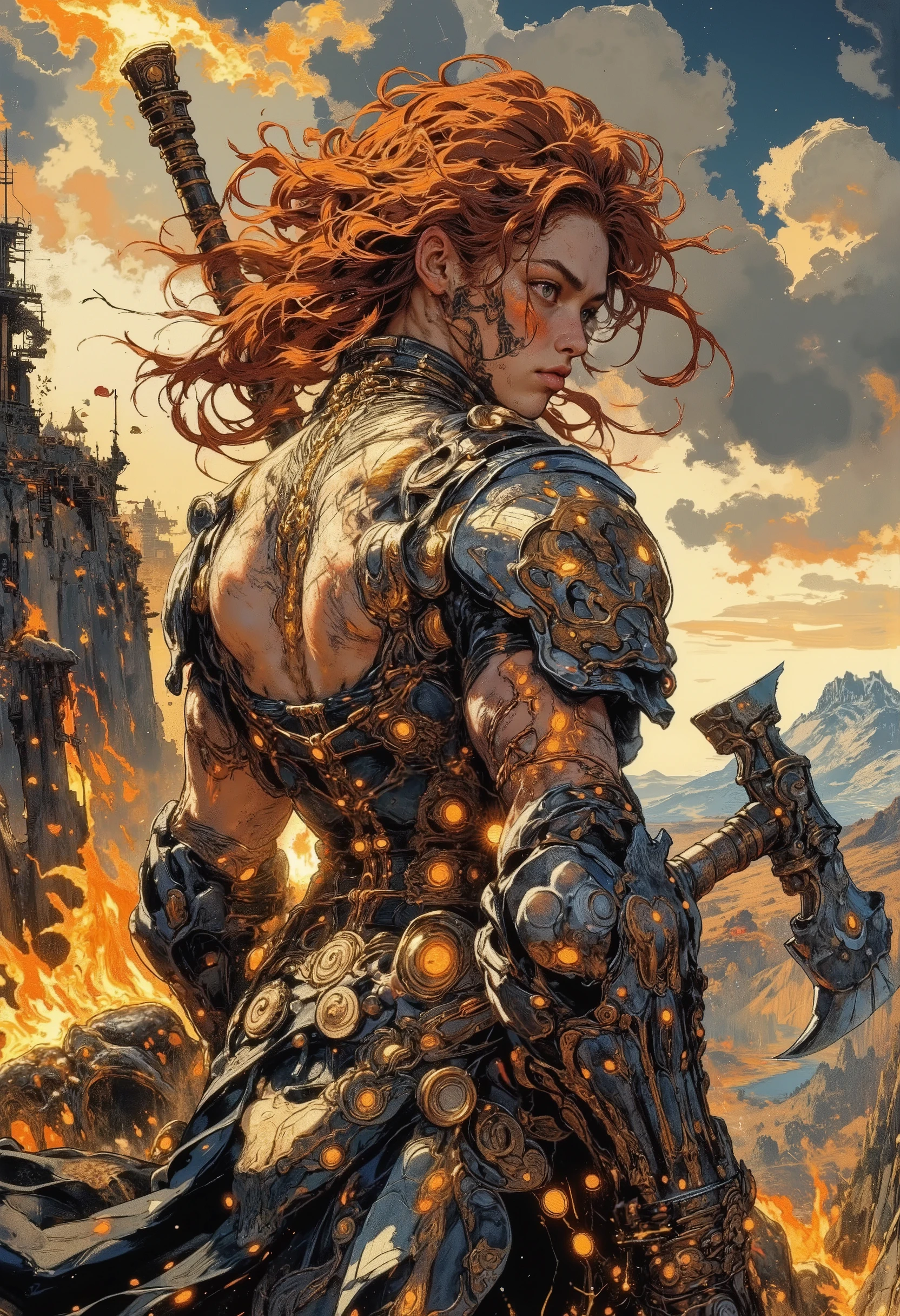 On a styled poster The Japanese manga depicts a frightening massive artifact — a battle-axe with a double-edged tip, ornate armor belt, with sparkling powerful fire lightning in the hands of a ferocious berserk dwarf, her muscular back is decorated with intricate runic tattoos, standing on top of a rocky mountain top. Her wild fiery red hair, braided in gold rings, glossy black leather. Her armor is made of thick leather and shiny gnome steel plates, decorated with ancient patterns. A bear fur cloak flutters behind her, blowing by gusty alpine winds. The angle emphasizes her broad shoulders and determined posture, when viewed a little from above and from behind. In the distance, storm clouds thicken ominously, casting dramatic shadows over the uneven terrain. Through rays of golden sunlight break through them, , illuminating the dwarf's armor with dazzling brilliance. The rocky area is dotted with ancient dwarf ruins, hinting at an extinct civilization. masterpiece, 8k resolution, ultra-detailed epic fantasy scene.