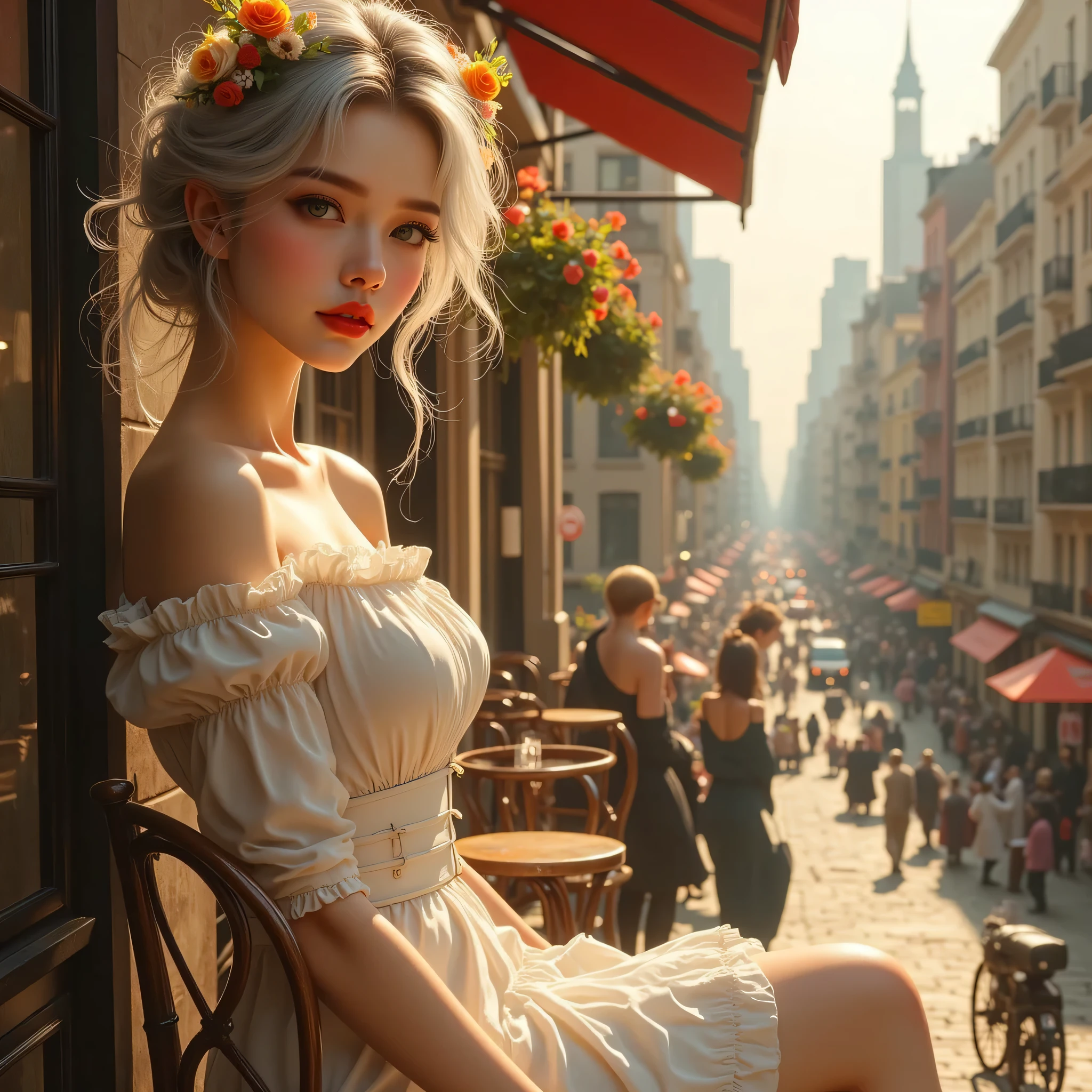 ((New York street corner、A woman sitting on a cafe terrace))、(masterpiece、Highest Quality、steampunk art、sunlight、(Overlooking the area)、Super Detail、The depth of the written boundary、Magic Rim、Gray Hair、The Real Queen、 red lips、Super Detail、very detailed、(High Contrast:1.11)、wind、great、beautiful細部の目、disheveled hair、(best lighting from above、とても繊細でbeautiful)、((Cinema Light))、(from the side:1.3)、((Adrian Honig)girl with blond hair and blue eyes、beautiful、thin((white blouse)、(white skirt)、(white high heels),sexy pose、 short bob woman、sexy pose、woman has a window behind、can see various buildings around the city(disorganized、high definition、Super Detail)、