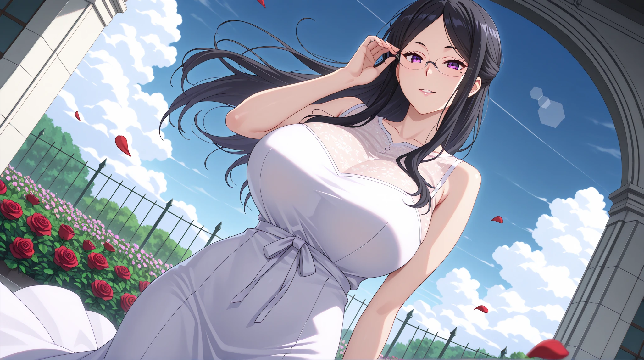 Masterpiece ,best quality , high resolution , ultra detail , colorful , (1 girl solo:1.38) , (Misato katsuragi) , (black eyes, ponytail , purple hair, medium_long_hair, make up, necklace, tall, slim body,) , (wear wedding skirt , wedding dress , white miniskirt , veil , stockings , head tilt) , (arms behind back . hands behind back) , (cleavage:1.15) , (big breast:1.1) , (standing , cowboy shot) , (outdoor , church behind , tree , flower , celebrating) , ( full face blush , shy , smile , open mouth) , (face viewer , look at the viewer)
