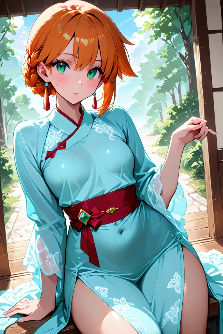 Tsundere from Naruto, Asura style, score_9, score_8_climb, score_7_climb, score_6_climb, Flashy, Like Yuki, orange hair, Fold, braid, short hair, orange eyes, Take a break (Detailed eyes:1.5), (perfect hand, perfect anatomy), anime style, Manga Style, hand drawn, cinema, Sharp focus, funny illustrations, Large depth of field, Masterpiece, concept art, Trending on artstation, bright colors, simple style, Trending on artstation, Trending on CGSociety, complicated, bright colors, soft shading, Simple attributes, sharp corners, playful, sweat a lotเกินไป, sweat a lot, sweating drop Take a break, big breasts, Japanese clothes, kimono, rift, blue kimono, collarbone, fur trimming, wide arms, off shoulder, long sleeve, bare shoulders, sit, Spread your legs, can, look at viewer, Gloomy expression, Chapped lips, Backlight, garden, garden, Bokeh,