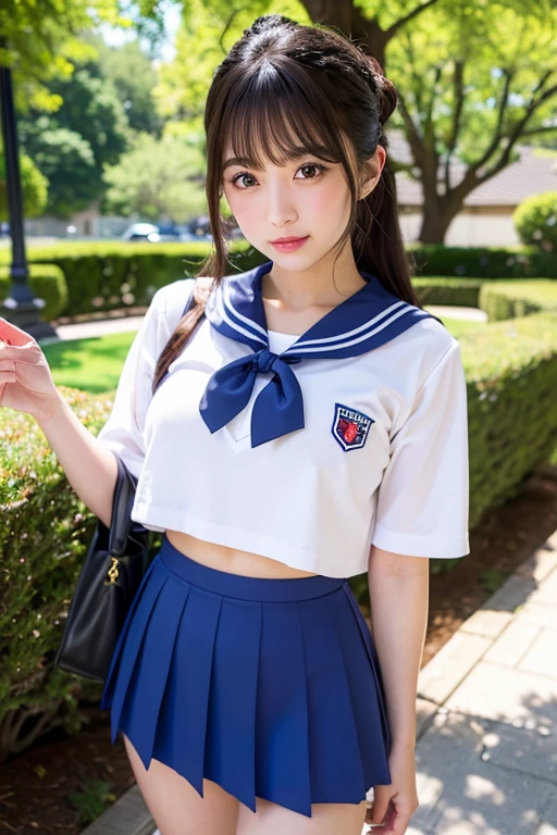(best quality, 8k, 32k, masterpiece, UHD:1.2), (RAW photo), (realistic), (photorealistic:1.2), (high resolution), huge filesize, ultra-detailed, extremely beautiful face & eyes, 1girl, japanese elementary school student,14yo, 13yo, 12yo, round small face, baby face, thin waist, large breasts, slim proportions, thin thighs, (darkblue pleated mini skirt, japanese sailor, sailor fuku, serafuku, japanese school sailor suit), nice hands, perfect hands, accurate hand depiction, perfect thumb & fingers, sweaty, shy smile, pure white teeth, from below, cyberpunk, yokohama,