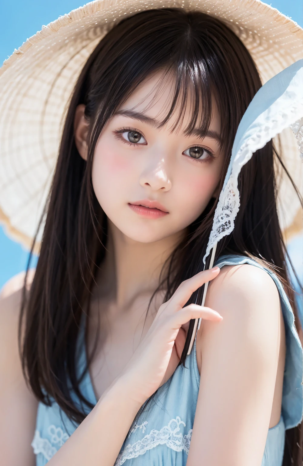 Beach,resort,white bikini,Close up face,One woman,masutepiece, The highest image quality, High quality, the background is clear,Beautiful woman, Japanese, Detailed, Detailed eyes, Detailed skin, Beautiful skin, 超hight resolution, (reality: 1.4),Very beautiful woman, Slightly younger face, Beautiful skin, slender, (Ultra photo realsisim), (hight resolution), (8K), (Very detailed) (beautifully detailed eyes), (super detailed), (Detailed face), view the viewer, Fine details, Detailed face, Staring straight ahead, Staring straight ahead, photos realistic, Bright lighting, Professional Lighting, Black hair,poneyTail,a baby face,fifteen years old,Hairstyle: ponytail,Long ponytail hairstyle,slight smile,neat and tidy clothing,Beautiful Japanese KPOP idol photo, hair style is ponytail, my eyes are double and wide, baby face, smile and look straight ahead, slender, small breasts,Close up face,
