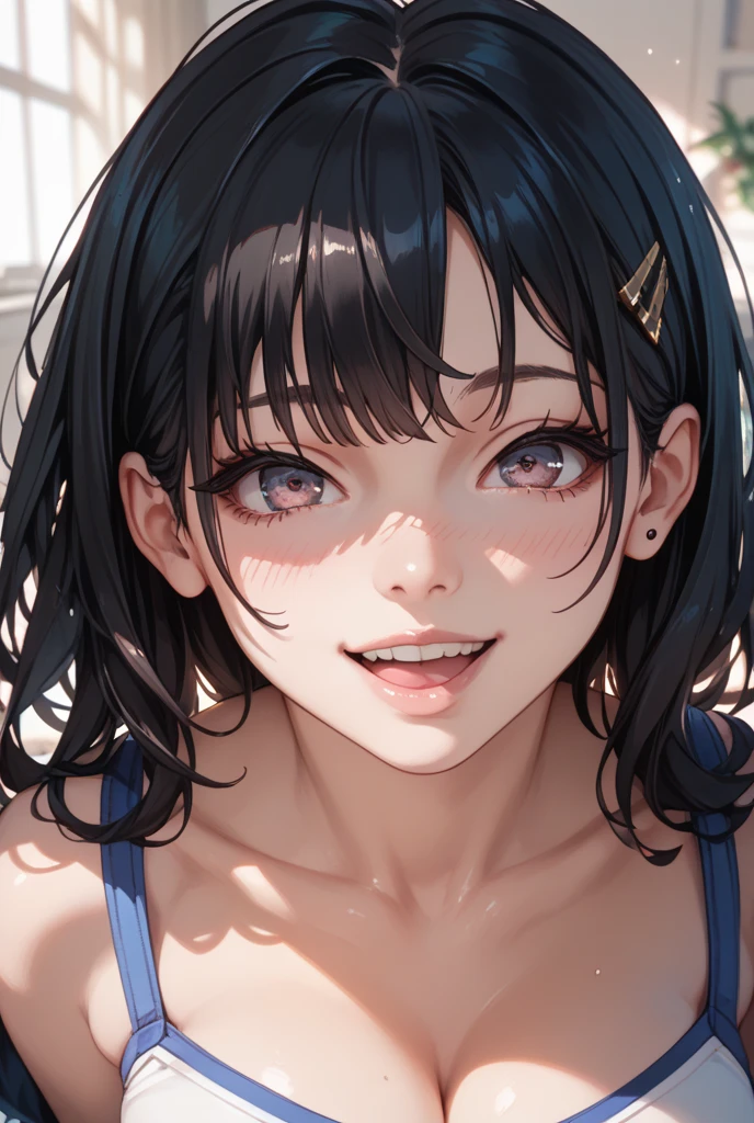 best quality, high resolution, ultra-detailed, realistic, vibrant colors, portraits, girl in a garden, short black hair, beautiful detailed eyes, smile, blushing