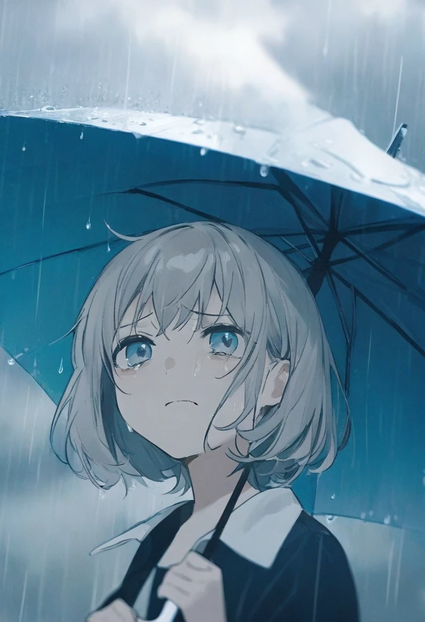 view from above。Drained composition。In the Rain。 girl holding an umbrella。Staring at the sky with a grumpy expression。