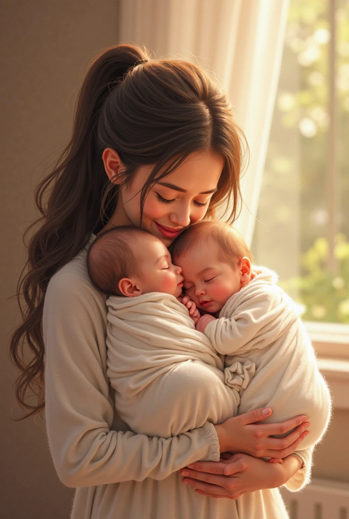 Brown-haired woman with brown eyes holding two babies, a brown-haired girl and a brown-haired boy 