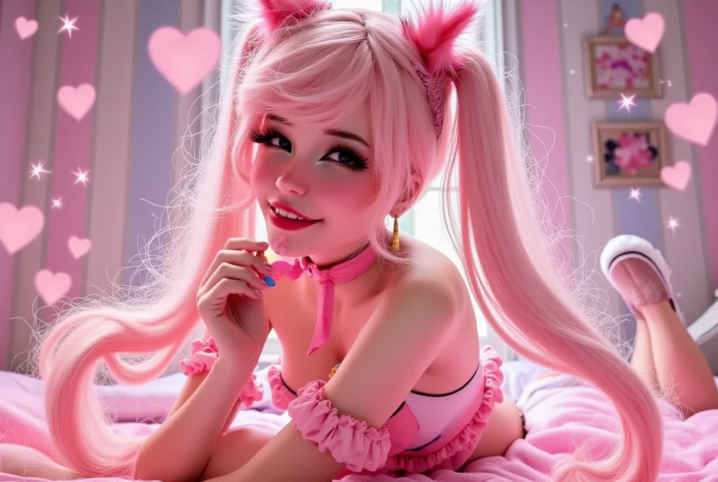 cute gamer girl with short wavy pink hair and blue eyes, dark eyebrows, light tan, smiling, wearing a black head band with pink cat ears and large breasts under pink bikini, realistic, portrait, pink room, warm light