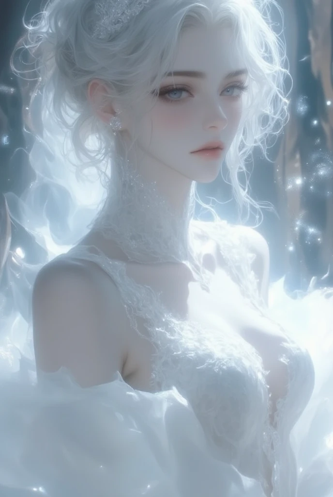 luxury white t-shirt, (realistic:1.4), (best quality:1.0), (super fast:1.0), 8k, RAW photos, (masterpiece:0.2), 1 woman, detailed skin, looking at viewer, blue eyes, (Silver perm long hair with bangs:1.2), (big bust:1.0), (large areola:0.8), (pure face_v1:0.5)