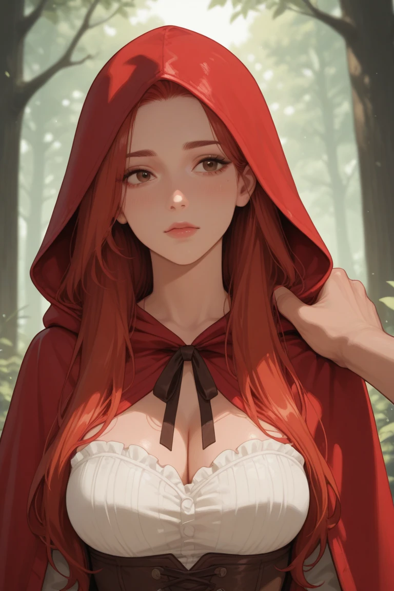 8k, best quality, (photorealistic:1.4), raw photo, 1girl, red hair, animal ears, blue hooded cape, ears sticking out, pose: sitting on a rock in a forest river, yellow eyes,  -
