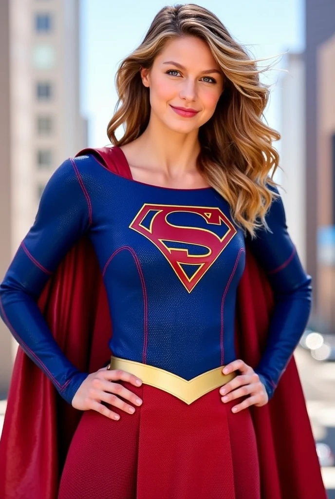 (masterpiece, High Quality, vodel dbz, realistic photo,  of 8k  ), beautiful woman, full face photo,    with light eyes   , beautiful  , beautiful and detailed face,  charming smile ,   beautiful    , Angelic look,   beautiful legs, great detail of her body and face in a sensual and  pose. Great detail of the background and environment.   Beautiful girl with very  , red lips, long loose hair, sensual. A woman with a cosplay inspired by Supergirl, with a modern and realistic design. Her outfit is blue with gold and red details, with a large 'S' in relief on the  and a red cape attached to metal brooches. Her abdomen is visible , showing an athletic and toned figure. The scene takes place in an urban environment with defocused rear lights with a cinematic touch. The lighting highlights his face and the details of the costumes with great realism.