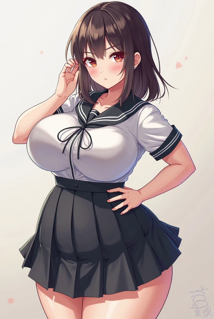 Highest quality, Solo Mature, Huge breasts, Huge Ass, Very curvaceous, Short ponytail with bangs, walnut color eyes, Fuller lips, Fascinating, smile, A revealing white button-up tied in a knot, Checked skirt, bracelet, Thick thighs, Curvaceous physique