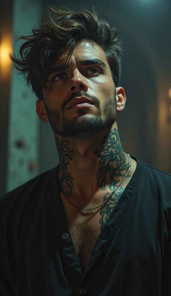 

**Alejandro** He is a man with an intense look and dark eyes that reflect a deep and mysterious soul.. Her jet black hair falls in unruly waves over her forehead., longer on top and meticulously short on the sides, giving it a modern and sophisticated look. His strong and chiseled jaw, along with a few days&#39; worth of beard, gives it a rough but attractive appearance.

The most striking thing about Alejandro is the tattoo that adorns his skin; angel wings that extend from the nape of the neck until they disappear under the shirt, as if at any moment it was going to unfold them and rise towards the sky. This tattoo is not only a work of art but also a symbol of your freedom and indomitable spirit.. 