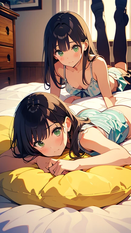 Healthy Dark tanned skinned anime girls laying on a bed with their backs to each other, girls resting, kantai collection style, two beautiful anime girls, anime girls, kawacy, artwork in the style of guweiz, guweiz, seductive anime girl, wlop and sakimichan, makoto shinkai and artgerm, top rated on pixiv