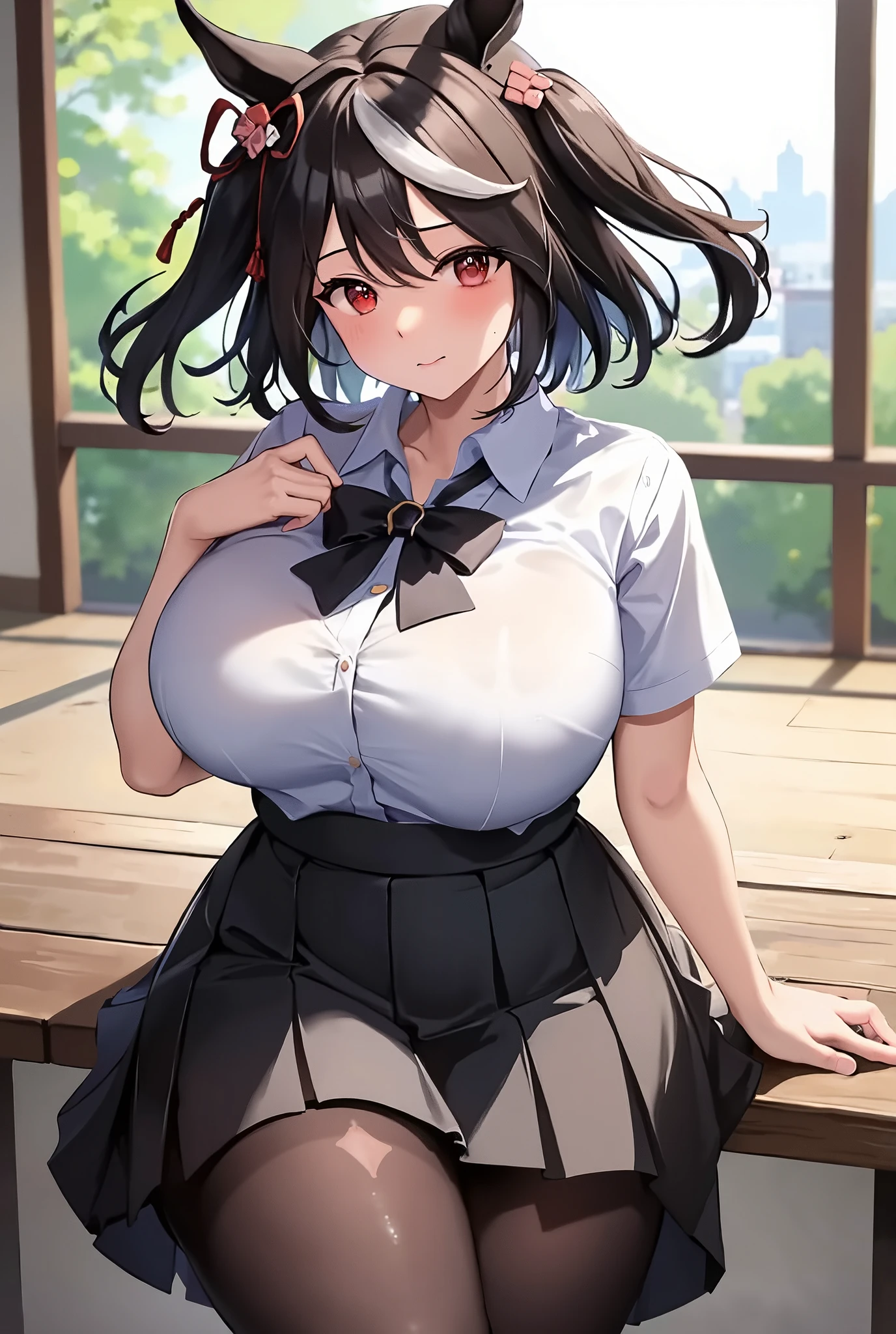 (((masterpiece))),(((high resolution)))、(((8K)))、(((perfect face)))、(((umamusume kitasan black)))、(((collared shirt)))、(((skirt)))、(tights)、big breasts、Plump、embarrassed expression、looking at the camera