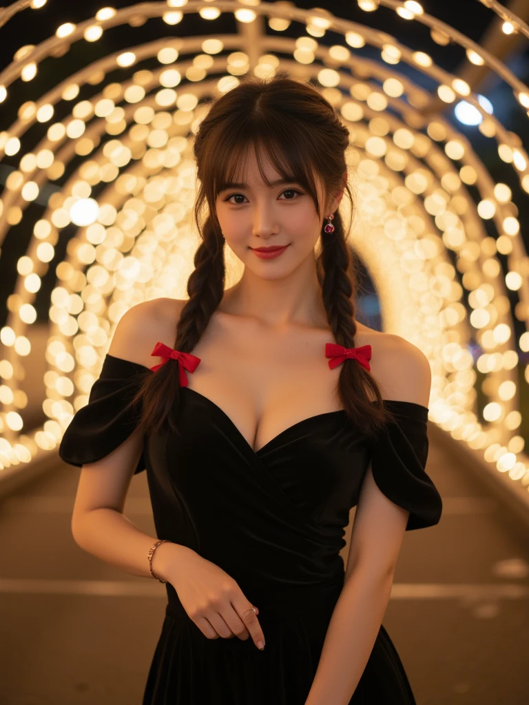 Honestly, Double Bang, Twin tails, Parted bangs, Circlet, jewelry, Earrings, choker, Red Bow, White gloves, Elbow hand pockets, Blue Skirt, Are standing, Outdoor, Bright light on the face, ( Moon Background:1.1),Cowboy Shot, Highest quality, Very detailed,photoRealistic, Realistic, masterpiece, Absurd, Detailed skin texture, (Detailed eyes, Deep Eyes,Hair Details:1.0),Incredibly fine pupils, One girl,alone,(smile:1.2),(Happy:1.1), Tight waist,Large Breasts,