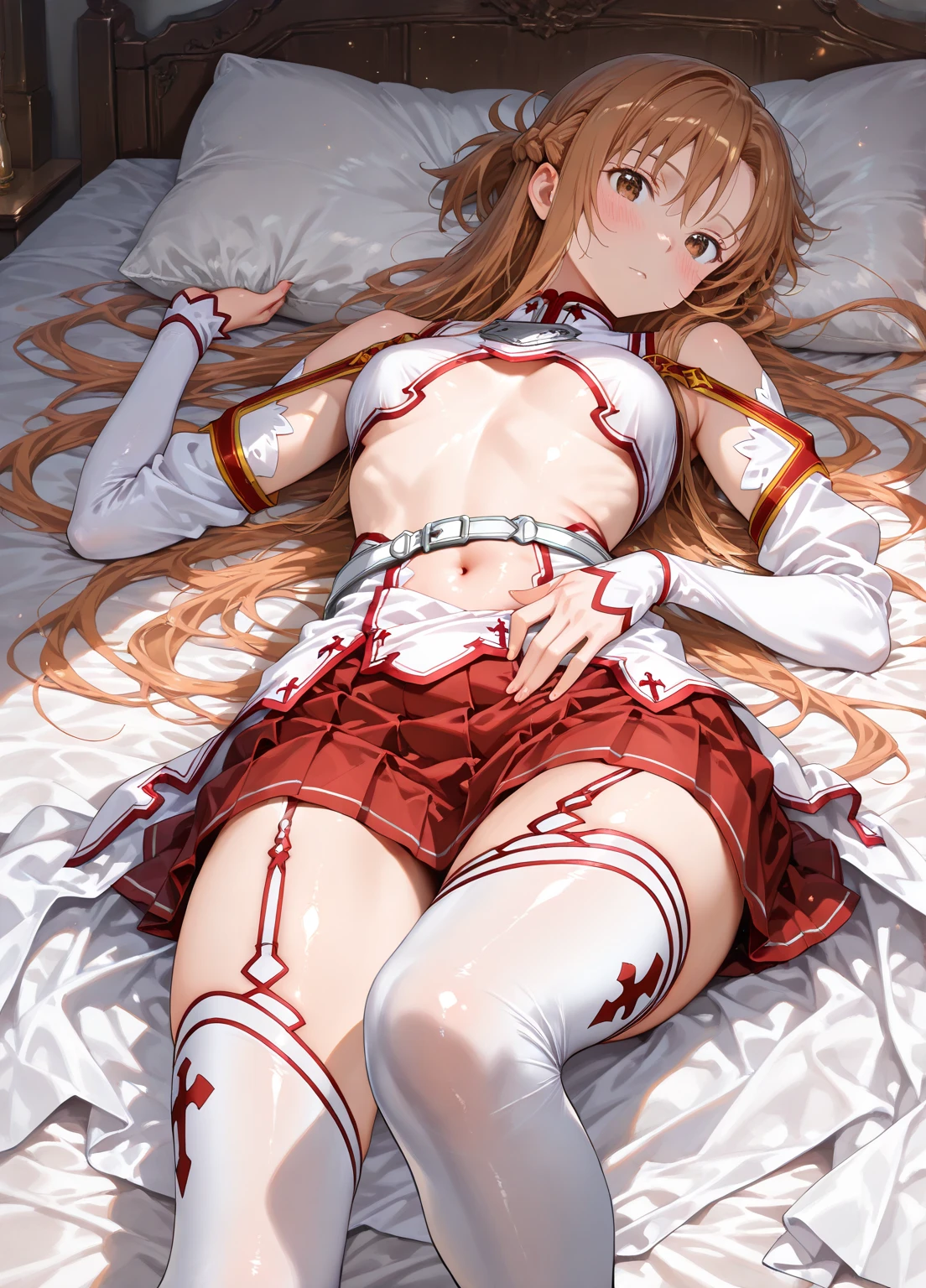 (masutepiece, Best Quality, hight resolution, nffsw, Perfect Pixel, depth of fields, 4K), Beautiful anime girl, Perfect body ,, ,(cum on body:1.6) , (bukkake:1.6), Eft_sao_asuna,, long hair, asuna (sao), brown hair, brown eyes, , thighhighs, skirt,  armor, breastplate, detached sleeves, pleated skirt, white thighhighs, , bare shoulders, red skirt, very long hair, ,  ,nsfw,(ecstasy:1.3) ,(slut:1.2),(vulgarity:1.3),(fucked silly:1.1),(steam:1.1),(wet:0.8),(trembling:0.8),(tears:0.7) ,(drooling:0.6),(sweat:0.8), wince,(orgasm:1.5),, {{{{{{{{{censored}}}}}}}}}, {{{{{knees to chest}}}}} , {{{{girl's legs up}}}},{{{{{from directly above}}}}},{{boy on top}},{{{boy's liying on stomach}}},{{asymmetrical docking}},{{boy's lower body}},{{{{girl's face and nipples and navel}}}},{{navel forcus}},{{{{pov}}}},{{{very close to viewers}}},{{vaginal penis}},{excessive cum},{insert penis to bussy},intercourse with a man,full body,(hardcore,sex:1.8),sex from front,from front,{cum bussy},hetero,cum,socks,[dakimakura(medium)],{{girl's liying on back}},faceless male,{{facing viewer}},hetero,on bed,1girl and 1boy,nsfw,{{single picture}}, (large boob:1.2),
