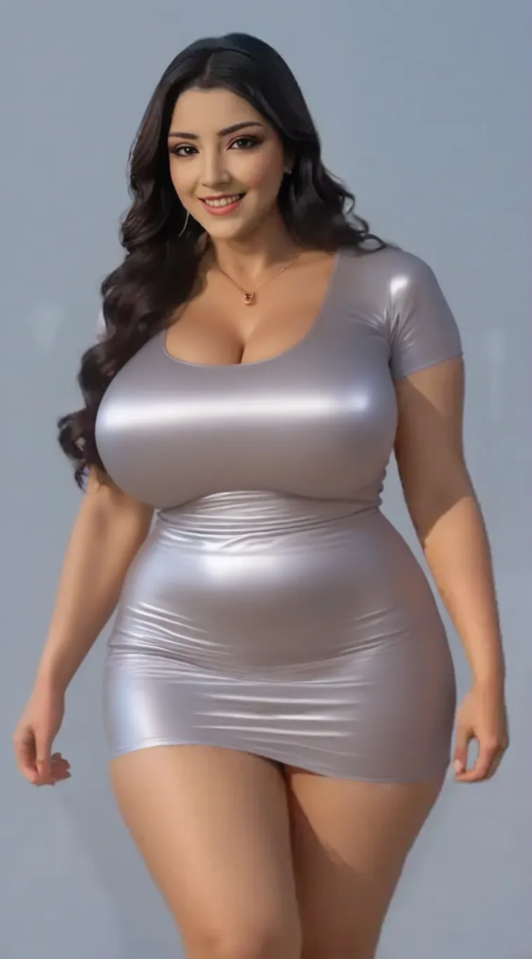 Masterpiece, RAW photo, best quality, photorealistic, extremely detailed CG unity 8k wallpaper, Depth of field, Cinematic Light, Lens Flare, Ray tracing, (extremely beautiful face, beautiful lips, beautiful eyes), long hair , intricate detail face, ((ultra detailed skin)), Indian mature lady, Indian lady, wearing a bodycon dress ((Padded gray coloured Bodycon dress)), Massive breast and cleavage, big tits, big ass, seductive, sensual, erotic expression, lusty, voluptuous, attractive figure, curvy, chubby