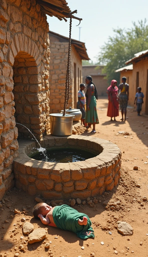 People are loosing a rope in a well with bucket for water
