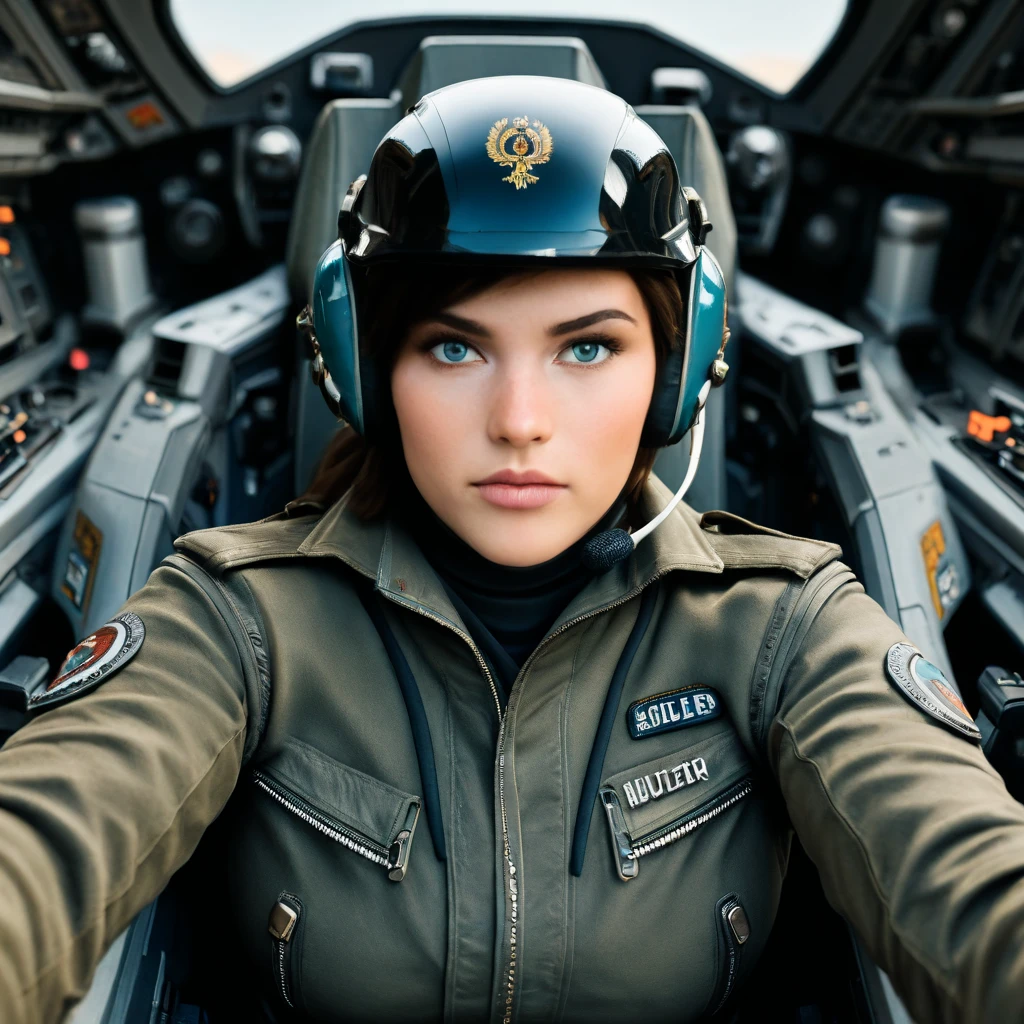 air force lady in the seat of a f-22 fighter jet in the sky, professional, wearing a professional jet fighter uniform, zipper open, gigantic breasts, helmet covering face, masterpiece, HD, high quality, NSFW, angled POV
