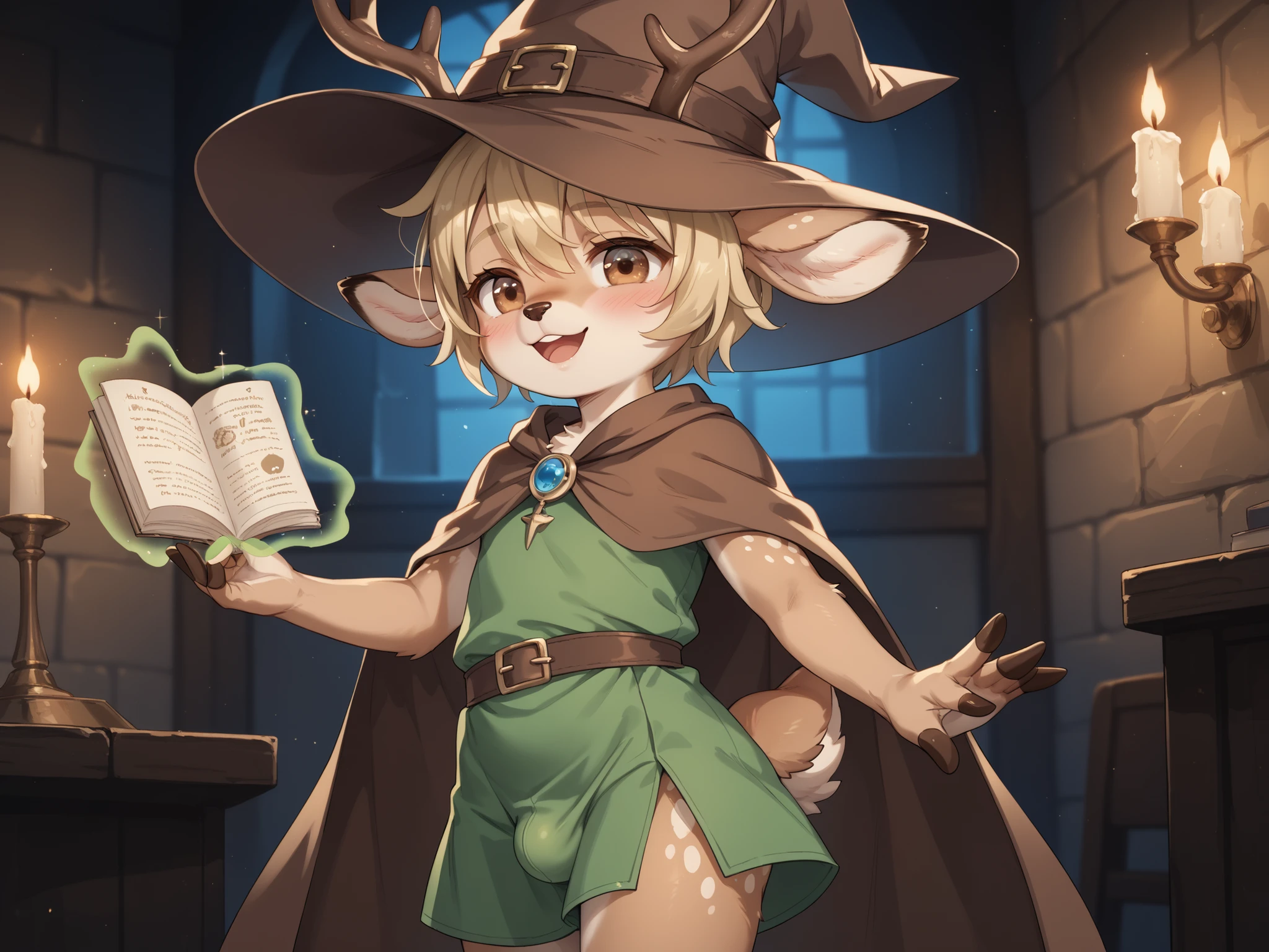 deer, solo, young, cub, chibi, (blue eyes), ((large witch hat)), ((brown hat)), ((brown cloak)), (long green tunic), (blonde hair), (short hair), short deer tail. ((light brown body)), (short brown antlers), short snout, ((canine penis)), ((knot)), balls, standing, dynamic pose, ((magical background)), Very good figure, best quality, highres, 16k, Natural soft light, Tyndall effect, Advanced film lighting, Unreal Engine5, Extremely realistic, A high resolution, perfect masterpiece, high quality, high resolution