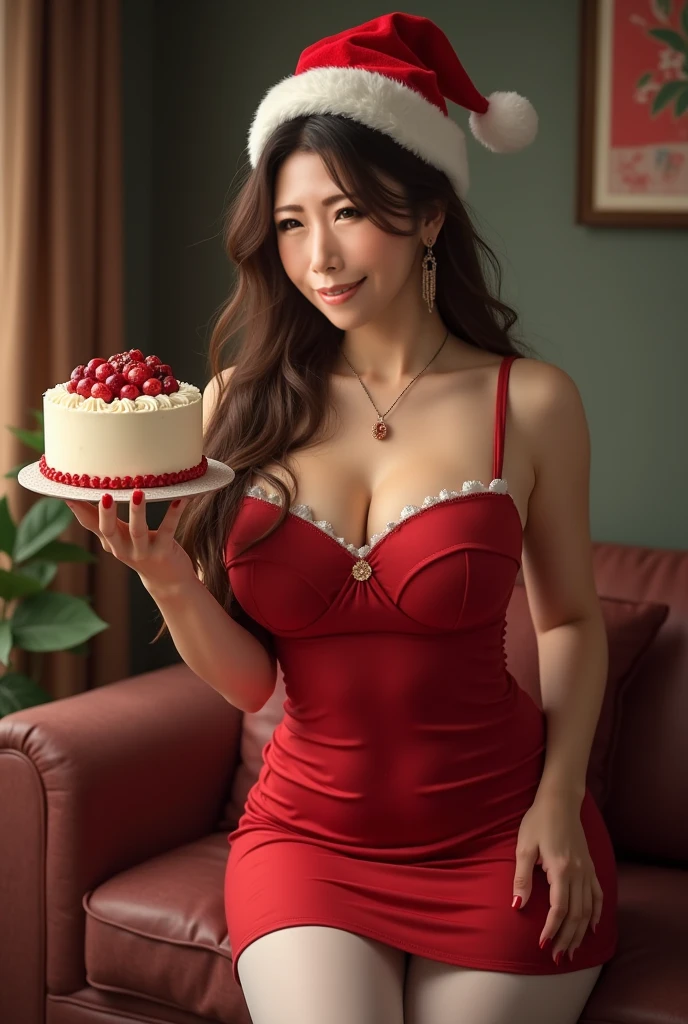 ((Highest quality, 8k, masterpiece :1.3)), whole body, Sharp focus :1.2, ((Long black hair, Big Breasts :1.2)), Korean Beauty、21 years old、Highly detailed face and skin texture, double eyelid, Large and realistic bust、Bursting breasts、Are fat、Beautiful appearance、smile、Are fat、Bursting breasts、Are fat、Underaggy breasts、A cafe with a forest view、Cake shop、smile、Underaggy breasts、Red dress、