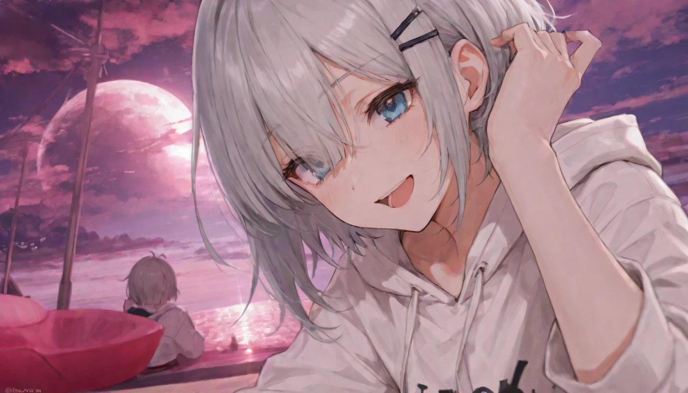 Gray Hair、Laughter、great, Silver Hair, iris, has a small face、明るいsmile、(detailed face) ,Professional Lighting,great風景,blue sky, sunlight,open your mouth、、Her eyes were shining、とてもshort hair, long bangs between eyes , very detailed,(masterpiece、Highest Quality)、smile、open your mouth、short hair、hairpin、beautiful eyes on my stomach、white hoodie、blue eyes、Seaside、I can see the ocean