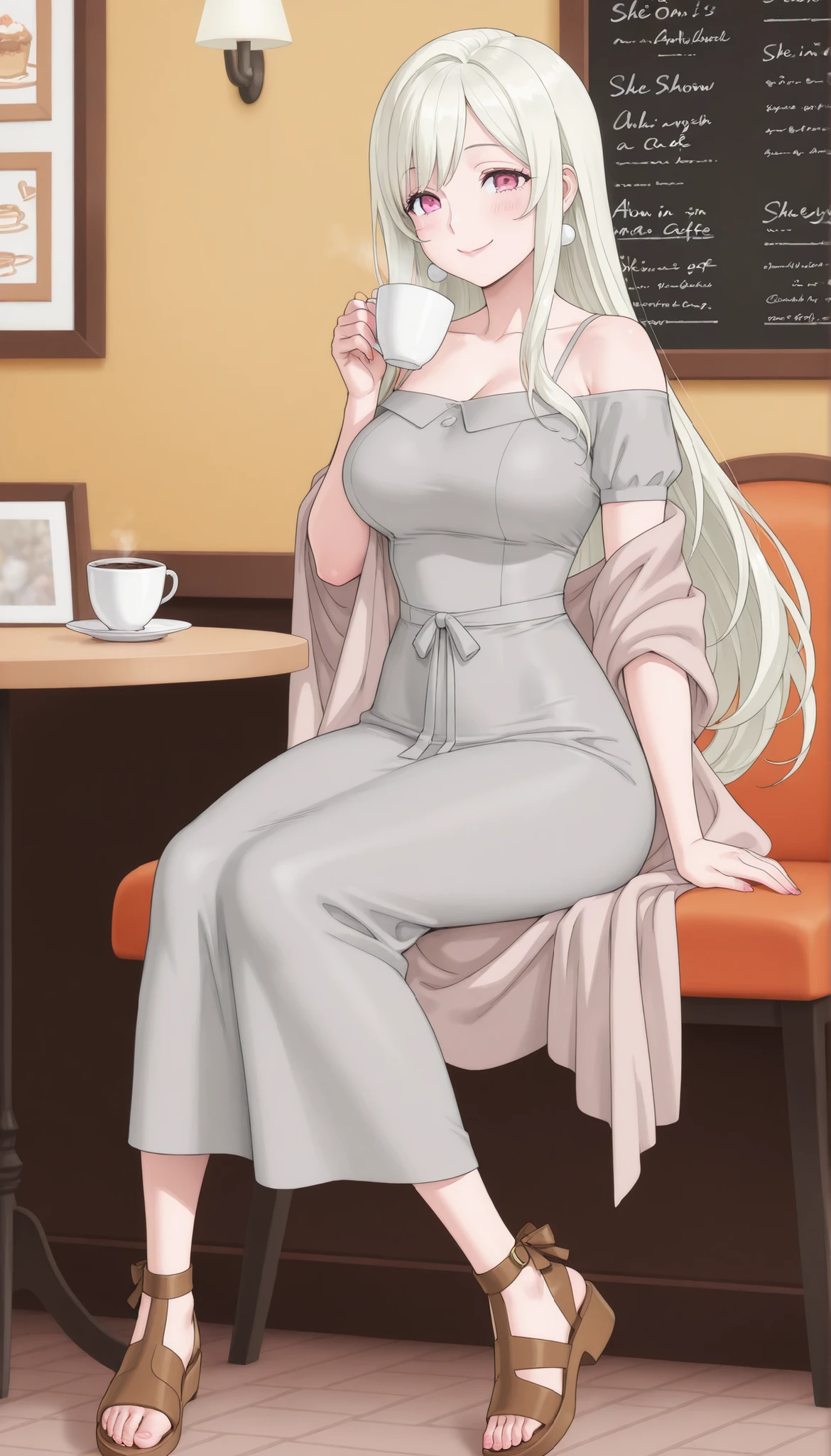 A mature extremely beautiful woman with straight long blond hair, extremely fair white natural skin, big pink eyes, red plump glossy lips, a small waist, medium-sized breasts, and a perfect slim yet curvy body. She's only wearing a long ankle-length tight grey dress with shoulder spaghetti straps, a separate beige silky shawl draped in an off-shoulder style, and brown sandals. She's in a cafe, sitting, smiling, sipping coffee. Show her full body and super hyper-detailed.