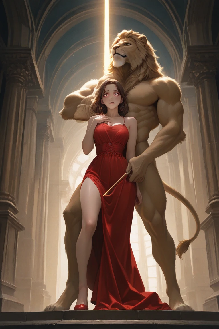 (absurdres, highres, ultra detailed), extremely detailed CG unity 8k wallpaper, intricate details, (style-swirlmagic:1.0), ((Beauty and the Beast)), 1woman and 1beast, the beast hugging beauty woman form her back, ((1woman is mature female, human, beautiful perfect princess face, slender, wavy long hair, auburn hair, coral eyes, bangs, long sleeves, finely detailed eyes and detailed face)), ((the beast is a Lion man as Disney Beast, personification, 1man has a brave Lion huge face and muscular Lion body, golden gown, golden pants, golden effect)), detailed background, detailed face, (gothic dark ages theme:1.1), dynamic pose, earth themed clothes, floating in the air, golden dance hall background, 1man and 1woman is full of love,