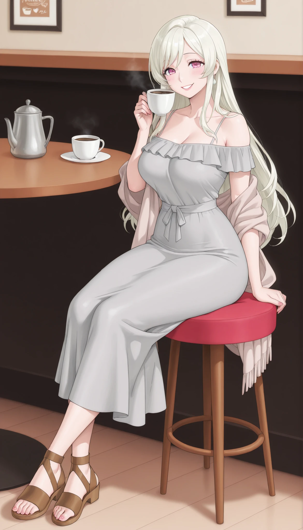 A mature extremely beautiful woman with straight long blond hair, extremely fair white natural skin, big pink eyes, red plump glossy lips, a small waist, medium-sized breasts, and a perfect slim yet curvy body. She's only wearing a long ankle-length tight grey dress with shoulder spaghetti straps, a separate beige silky shawl draped in an off-shoulder style, and brown sandals. She's in a cafe, sitting, smiling, sipping coffee. Show her full body and super hyper-detailed.