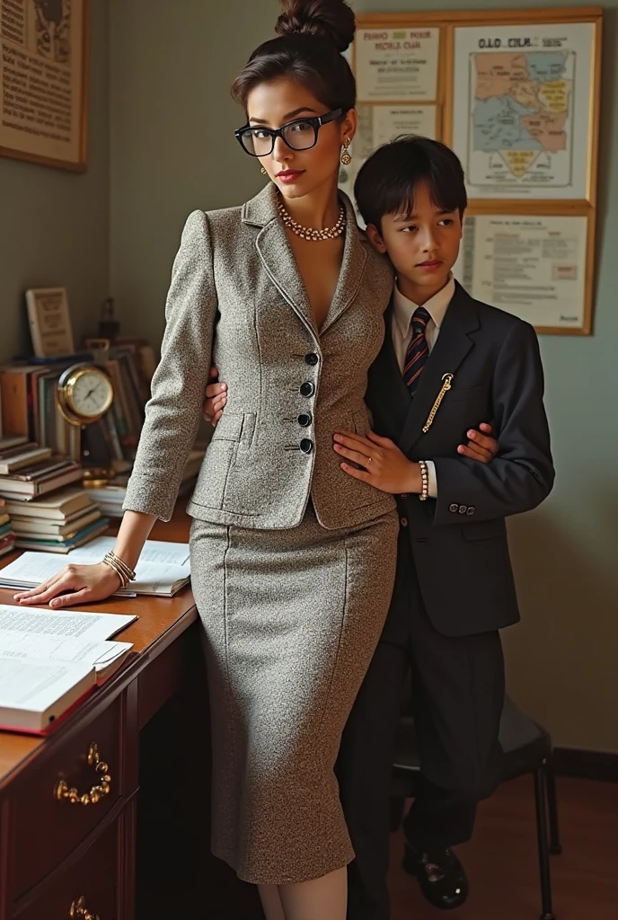 (Mature southkorean!woman & little gradeschooler african!boy), BREAK, Teacher girl, 42yo sensual southkorean l!milf teaching in secluded poor african gradeschool deep by the Kenya forest. dark hair with bangs, lipgloss, natural make-up, simple necklace, the girl wearing sleeveless short with vest and pencil skirt, her arms behind head, fleshy milf's arms, gradeschooler homeroom teacher, standing confidently, cupboard, dirty minimalist gradeschool with 1 african!boy gradeschooler student, chatting with 1 tiny african!boy, tiny gradeschooler african!boy wearing dirty school uniform, masterpiece, best quality, best result, mature female, BREAK, scenario: the gradeschooler hitting her off, the school is really minimalist and deep in the mountain, school for the poor, BREAK, (FOCUS: MATURE FEMALE SOUTH KOREAN & TINY LITTLE AFRICAN BOY),