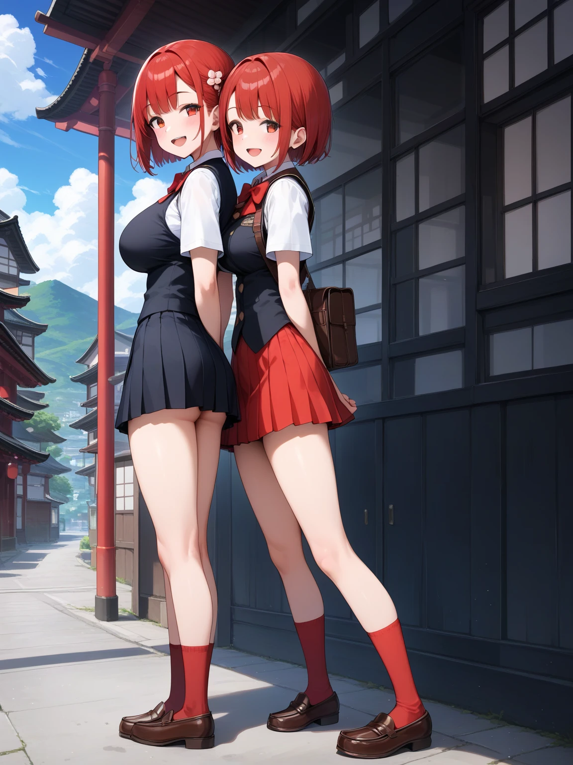 4 female, young adult, huge breast, black school uniform, thick legs, lightest blue eyes, red twin tail hair, twin, home