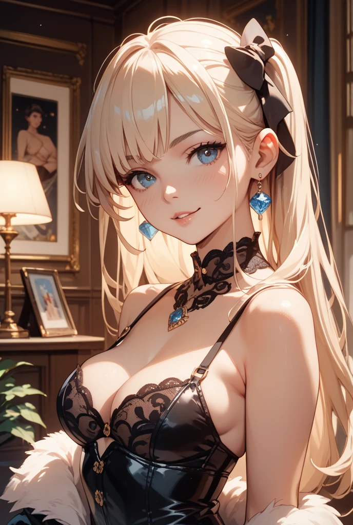 bed, 1 woman, (platinum blonde hair), (detailed beautiful red eyes), luscious lips, ((perfectly detailed gorgeous doll like face)), (makeup), ((detailed beautiful pale white skin)), large perky breasts, ((perfect sexy body)), ((black bow bra)), ((black side tie bow panties)).