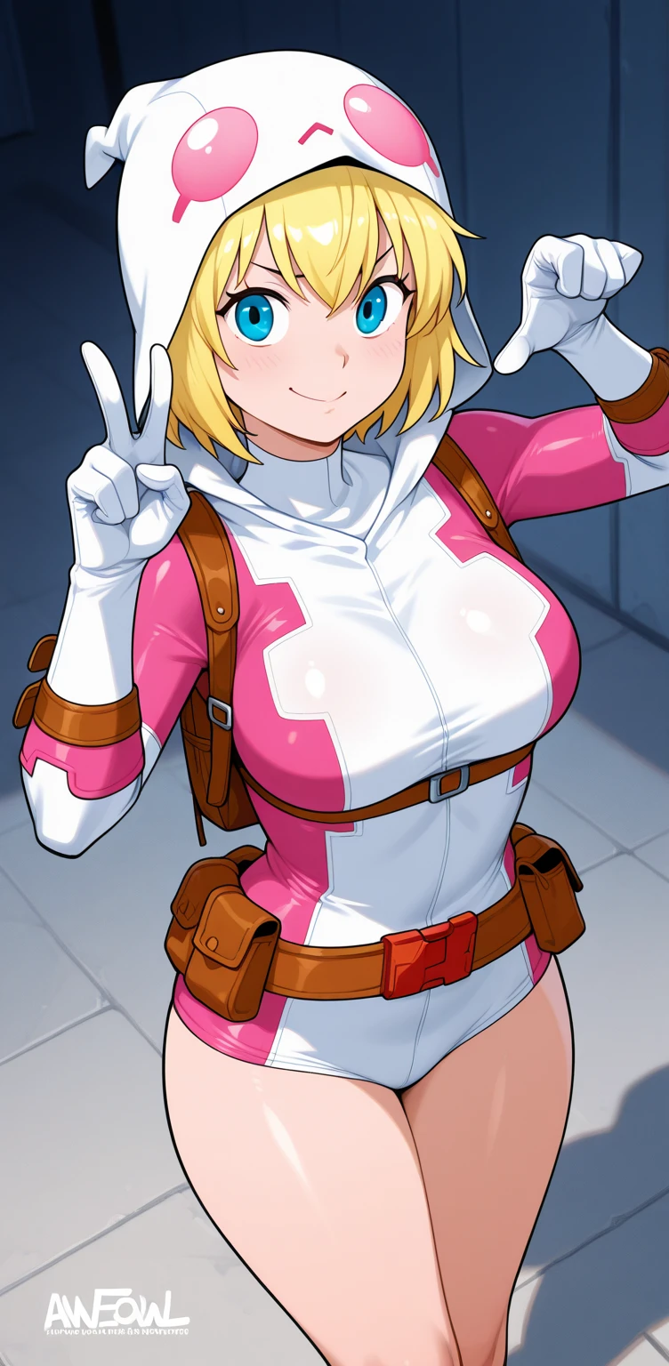 gwenpool, 1girl, weapon, blonde hair, multicolored hair, solo, blue eyes, sword, pouch, smile, mask, superhero, short hair, gradient hair, open mouth, belt, bag, white background, two-tone hair, pink hair, breasts, adapted costume, animification, gloves, belt pouch, looking at viewer, ripped leotard, camel toe, , boobs exposed, hard nipples, , pussy is exposed, cum on face , Naked