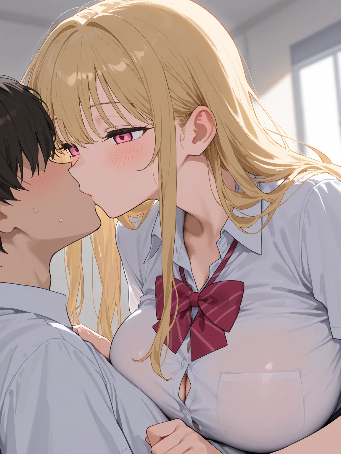 two people, beautiful blonde woman ,  raised skirt, man touching one leg above, handjob, cum in mouth