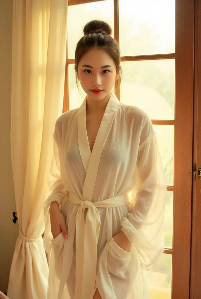 highest quality, masterpiece, Ultra-high resolution, realistic:1.3, solo:1.3, ((Clear Face)), cowboy shot, from front, leaning forward, (glowing skin), (looking at camera:1.3), (Bathrobe), standing in room, leaning forward, (medium busts:1.3), long hair, smile, soft brightness