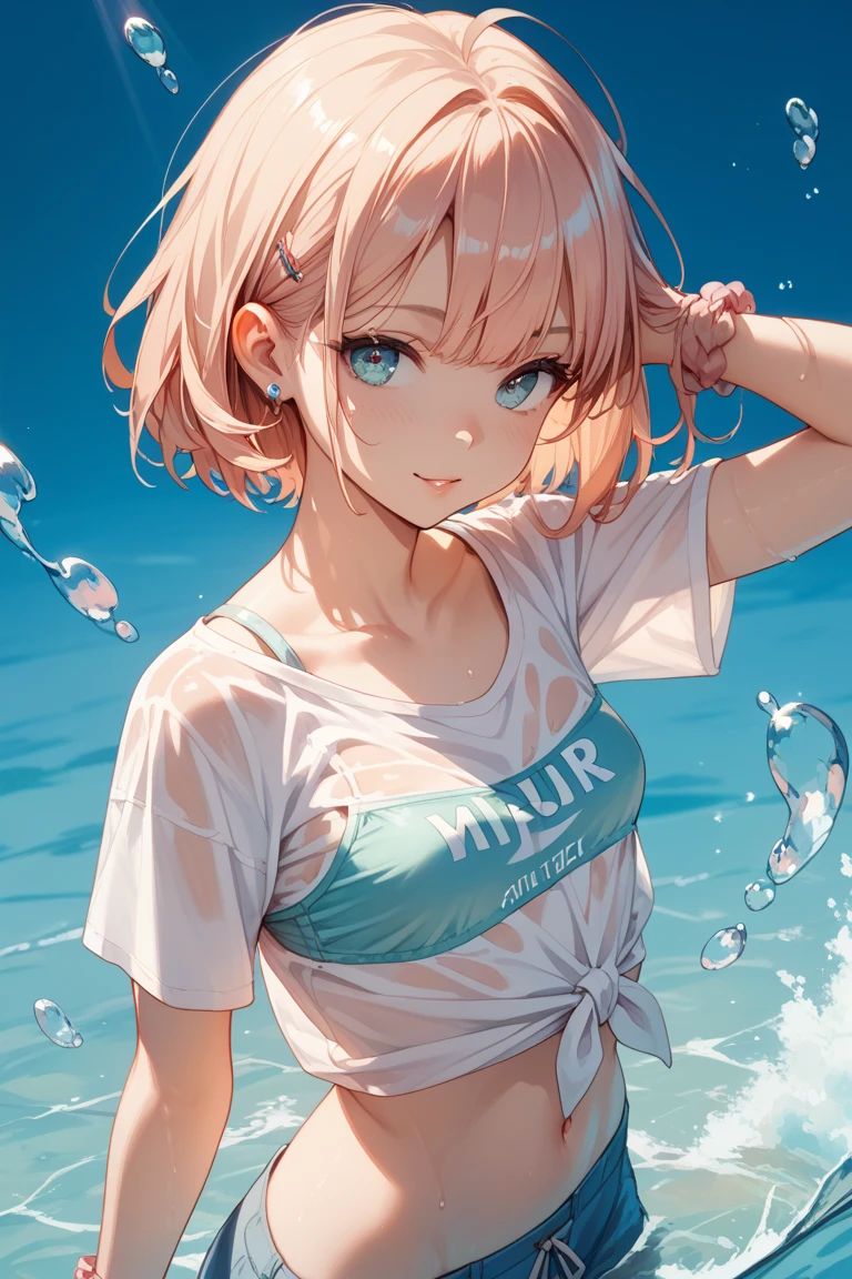 school swimwear、Acme Face、Random pose、Medium Hair、Pink Hair、、nsfw、Highest quality、1 girl、solo、Ocean、Sexy pose、Random pose、Blushing、Wet、Embarrassed、I can see half of my 、、One piece swimsuit、(Strap slip:1.3)、School Swimsuit