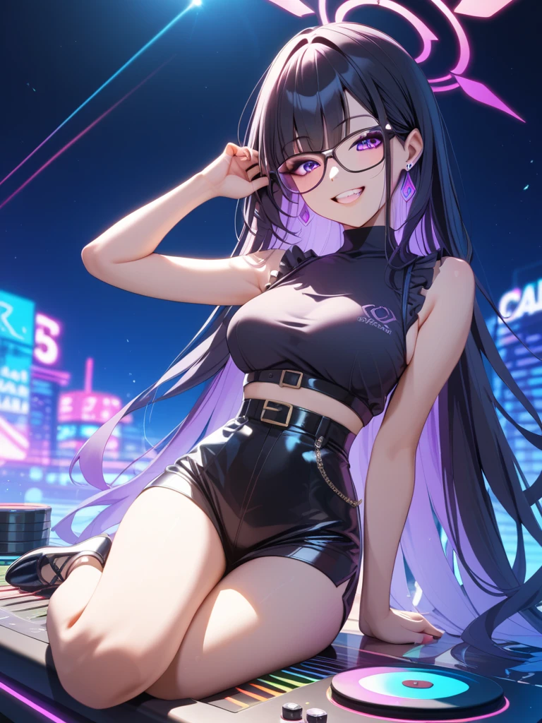 (Best quality, Ultra detailed, Masterpiece:1.2), (NSFW), 1girl, perfect face, female, gamer girl, aqua eyes, cherry-red lips, light smile, long black hair, purple streaked hair, purple highlights, bangs, choker, nerdy glasses, wearing headphones, wearing bikini, thighs, topless, breasts revealing, nipples, nighttime, neon lights in the background, colorful lights