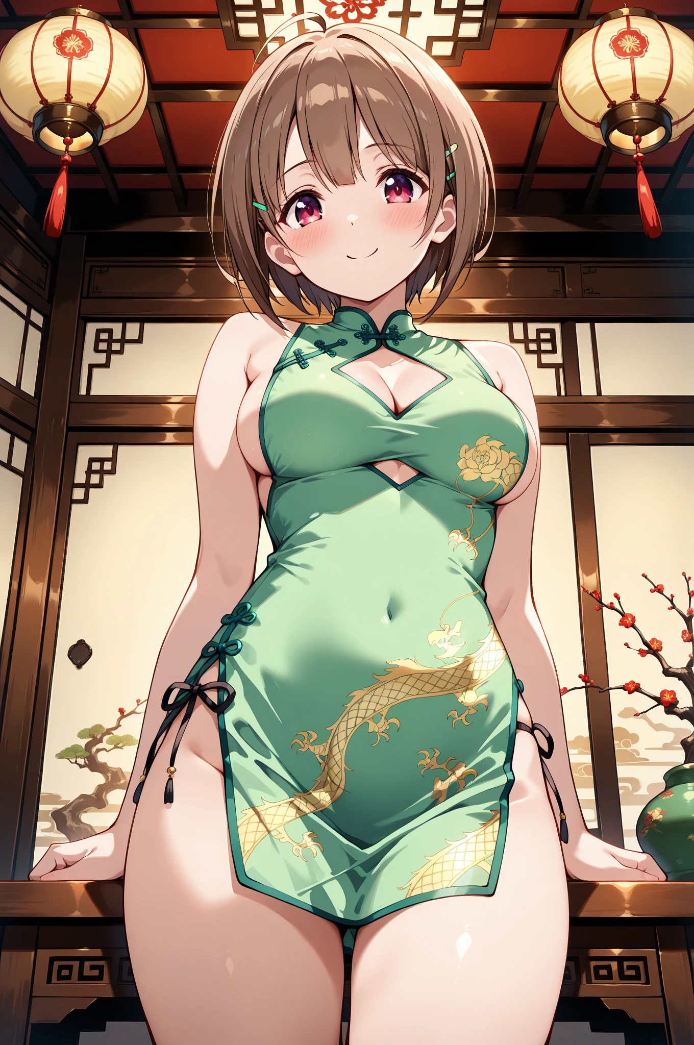 (Best Quality、masutepiece)、1 Women、maturefemale、Erotic、red Cheongsam、Colossal breasts、Big ass、shinny skin、Double bun、Green eyes、Green hair、short-hair、thighs thighs thighs thighs、