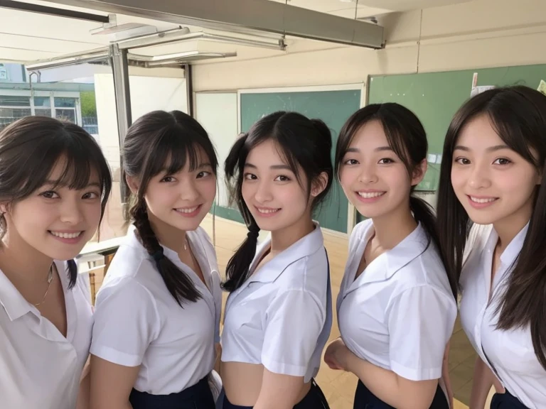 A selfie photo of Three Japanese high school students, (girls), (in the classroom), (everyone smiling), best quality, masterpiece, looking up at the camera, (Wearing white school shirt and gray blazer), (All naked Nudists), close together, ((All sweating shiny skin)), Double eyelids, Bangs down, (Lifting up shirt and exposing crotch)