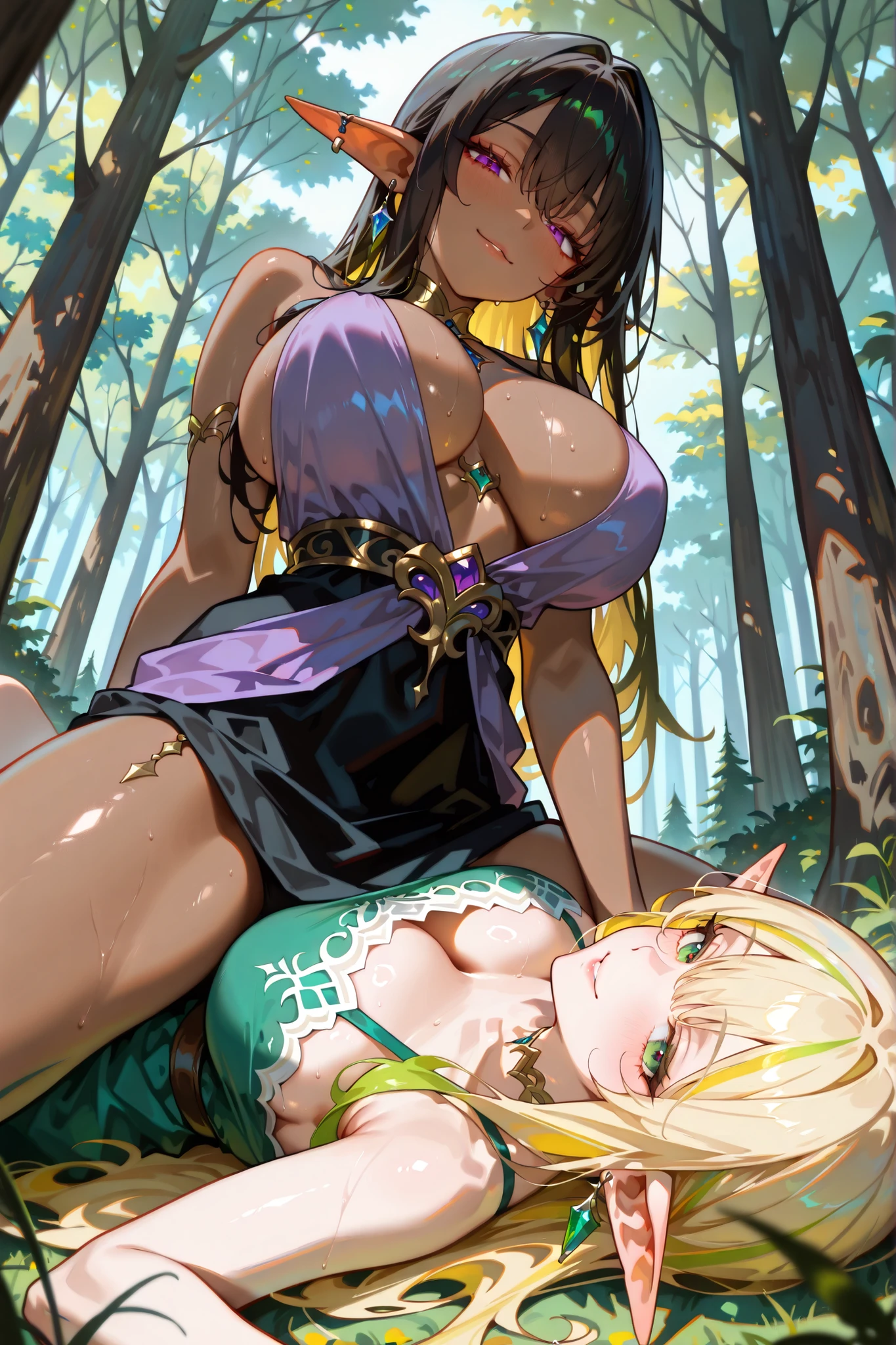 A group of female knight, (in the forest), Mr.々Hair style, Harem, Wearing armor, metal armor, night, Detailed aspect, , Short skirt, Seduce, sword, Tied up, BDSM