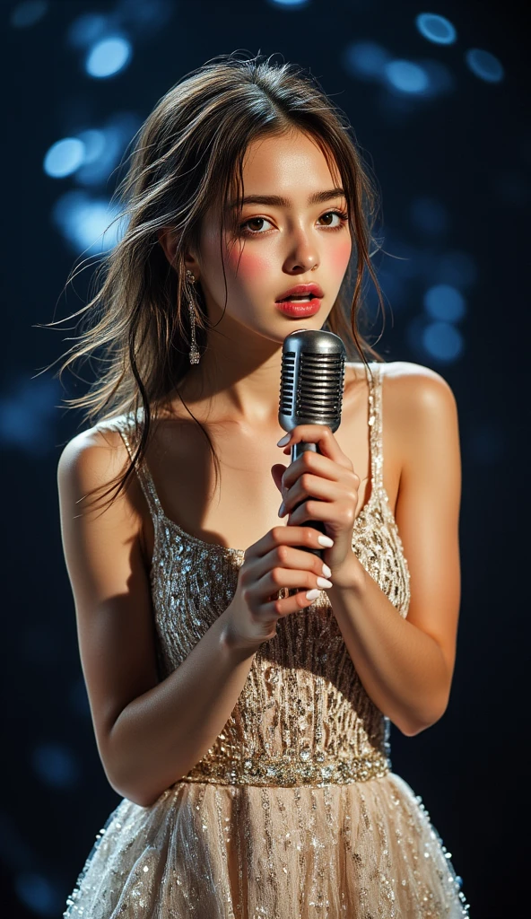 1girl, quite a bit body, Realistic photograph best quality portrait of a beautiful gorgeous young cute Asian woman, 24yo., looking at viewer, detailed face, Realistic texture human skin, bright glowing face, curved eyebrows, droopy hooded eyes, low nasal bridge, wavy nose, wind tousled bob hair, (((young Marion Cotillard blended face mixed with young Anne Hathaway))), wearing fossil grey camisole, hand up on hair, flirting smiling portrayal, ethereal girl, intimate lighting sturdy, real photo, brown eyes, best quality, masterpiece, sensually licking a melted popsicle, celebrating, a spectacular colorful firework show, the lights are shaped in a flower, in the dark night sky, festive, Leica SL3, Summicron-SL 75mm ASPH, F/1.8, (cinematic still:1.2), Film Never Die Kiro 400 film, bokeh, rim lighting, silhouette, shallowed depth of field,