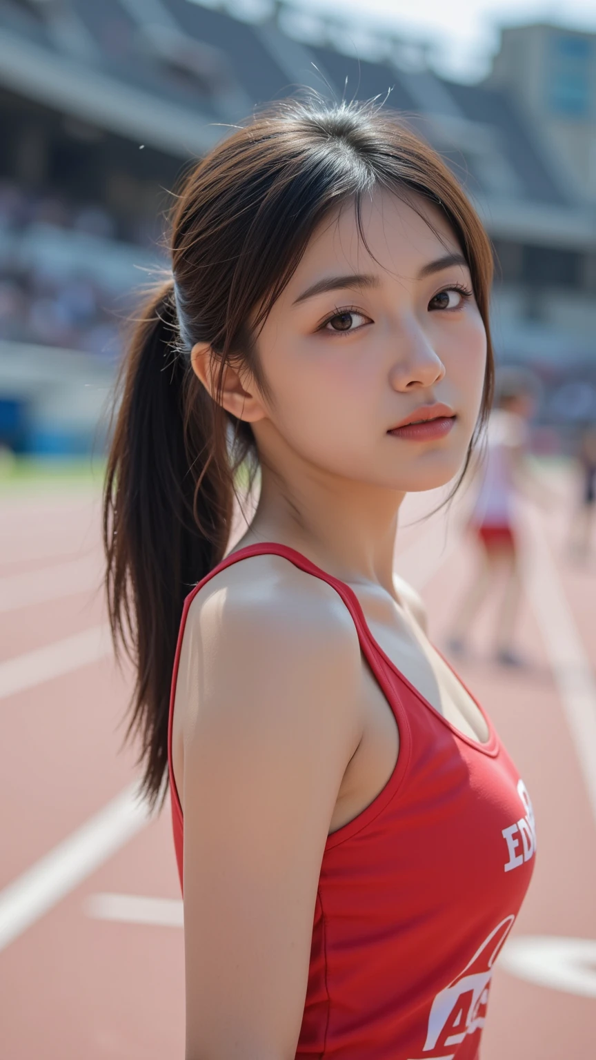 one girl, (a beauty girl, delicate girl:1.3), (16 years old, Gal:1.3), (Red sportswear:1.2), Very fine grain definition, (Symmetrical black eyes:1.3), Looking into the camera, Big smile, Showing teeth, (Track Field View:1.2), Very small breasts, Brown short hair, girl, (Eye and facial details:1.5), (masterpiece, highest quality, Super detailed, Detailed face, 8k), Cowboy Shot From Below, Hunchback posture,whole body