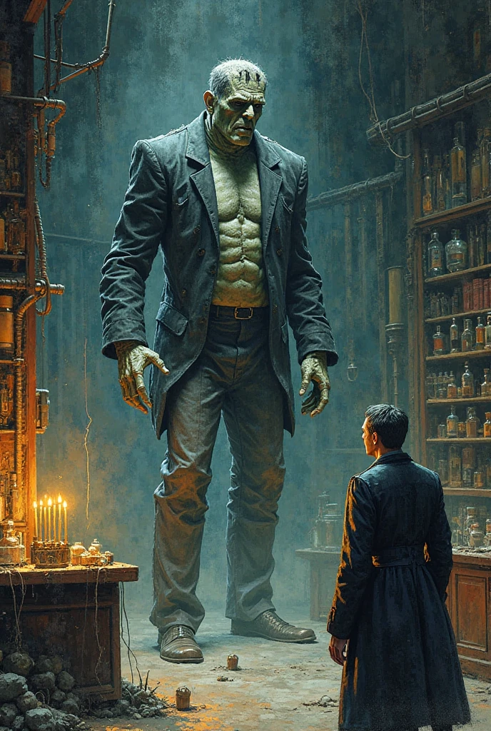 The creation of Frankenstein the monster asking for a mate: The monster begging Frankenstein to create a mate for him. This could be illustrated in a secluded place, with the monster kneeling and Frankenstein showing doubt and conflict.