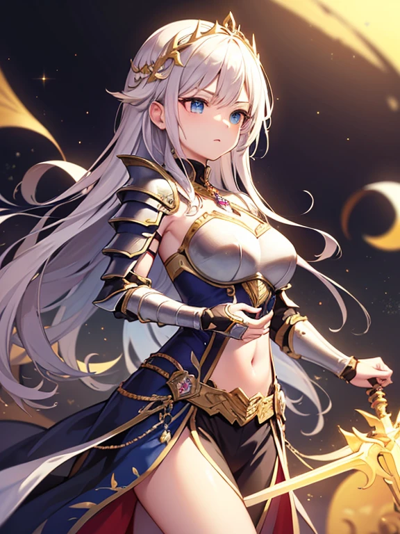 ((highest quality)),(ultra high resolution),(Super detailed),(detailed description),((best CG)),(best work of art),super precision art,amazing drawing art,(Fantasy art with precise details:1.5), (female knight:1.7),(beautiful and well-shaped face:1.6),(Glittering armor with intricately carved jewels:1.6),(she flutters her star cloak:1.8),A sword of light that cuts through the darkness:1.6,((action pose:1.5)