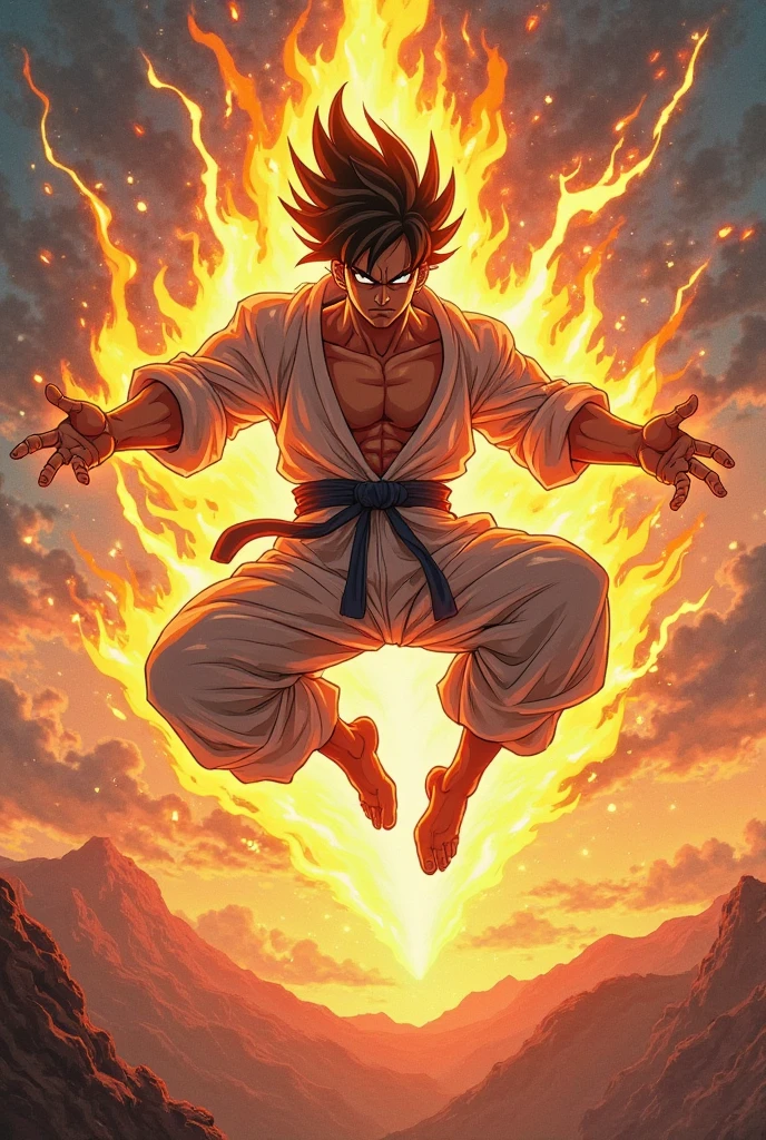 Son Goku from Dragon Ball Super in an epic pose while on top of a mountain while transformed into Super Super Saiyan, detailed, pronounced outline, better detail, red and blue color palette set, HD