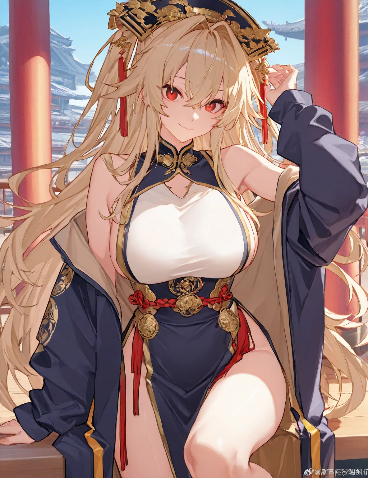 1 girl、Golden long hair、Fantasy、goddess、Gold decoration、Aggressive design、Chest a little big、Expose、Shameless、Provocative、Fan、Lust、smile、Red Eyes